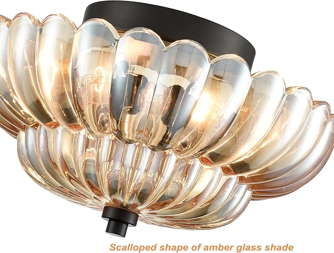 HYDELITE Modern Black Flush Mount Ceiling Light 3-Light Close to Ceiling Light Fixtures with Scalloped Amber Glass Shade for Living Room Entryway