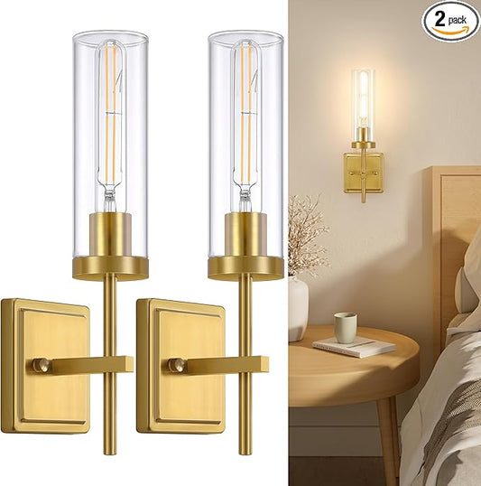 Gold Wall Sconces Lighting Set of 2, Hardwired Bathroom Vanity Light Fixture with Clear Glass Shade, Farmhouse Wall Mounted Lights for Mirror Bedroom Living Room Kitchen (Bulbs Not Included)