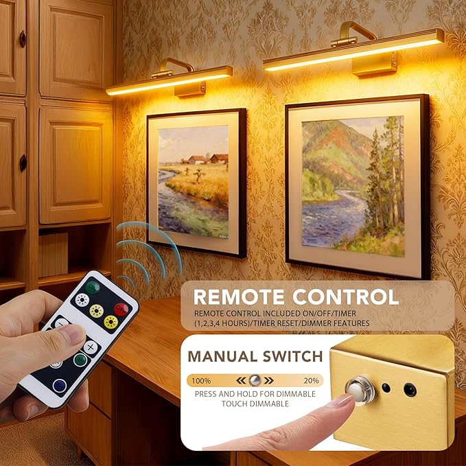 RAIFOOLLY Picture Light, 16inch Picture Lights for Wall Cordless with Timer and Dimmable, 5000mAh Battery Wall Lights for Display Gallery Painting Art Frame Portrait-Brass
