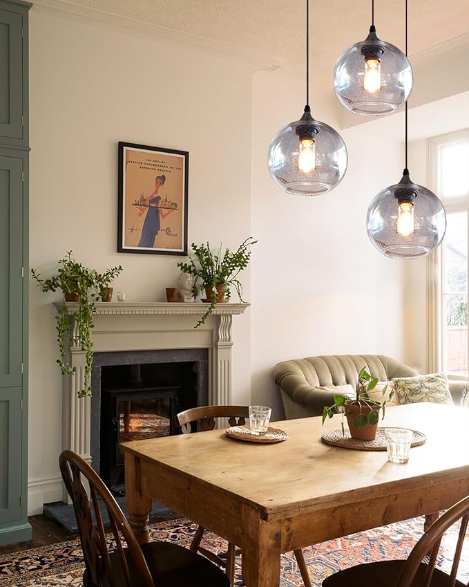 ARIAMOTION Globe Pendant Lights Kitchen Island 3 Pack Hand Blown Glass Modern Rustic Lighting Clear Seeded Bubbles Dining Room Table Coffee Bar Counter Brushed Nickel Lamp 7.4 Inch Diam