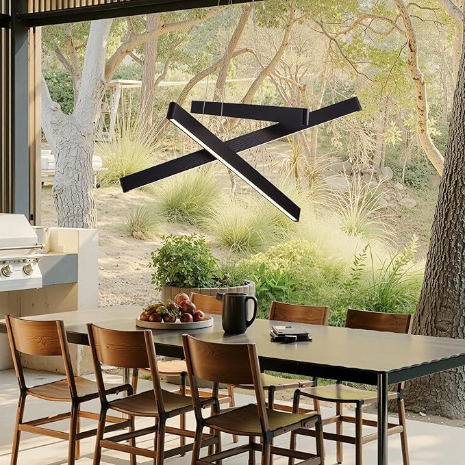 YISDESIGN 3-Light Solid Wood Black Linear Pendant Light - Dimmable Modern LED Chandelier for Dining Room Table Kitchen Island Living Room Ceiling - 45W Warm Light Adjustable Hanging Fixture Black