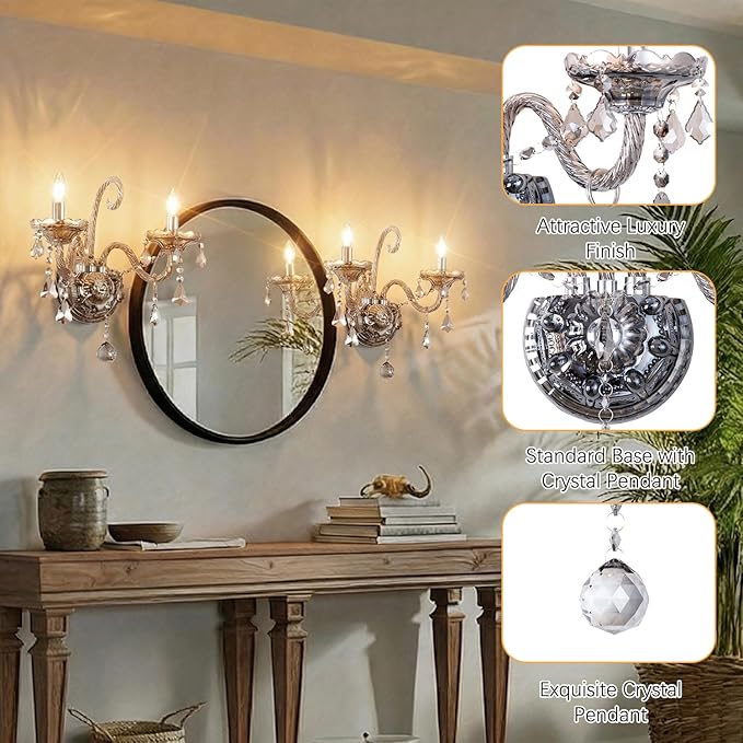 Crystal Wall Sconces Wall Lights Elegant Retro Gray Crystal Wall Lamp Set of 2 European Style Chandelier Fits for Living Room Bathroom Entryway Hallway Hotel Galleries Exhibition Room E12 Base