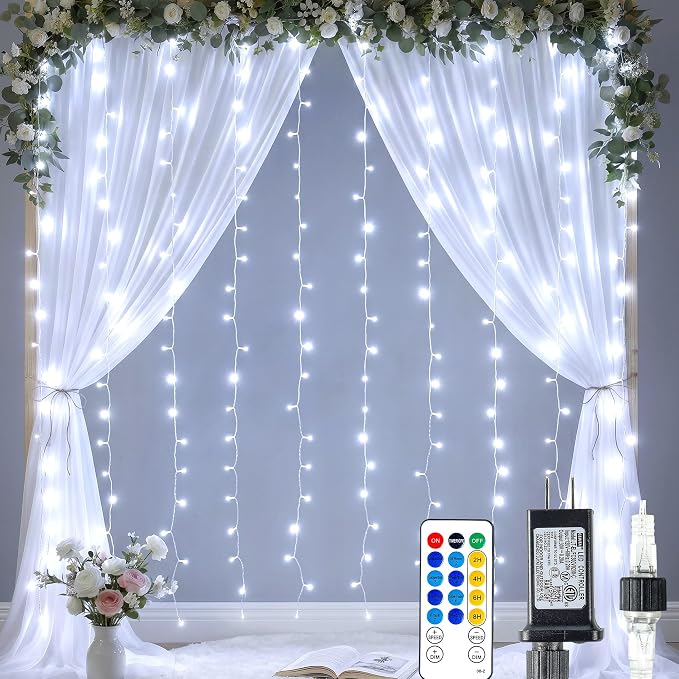 HEYFUNi 6.6ft x 6.6ft Warm White Curtain Lights Plug in - 200 LED Window String Lights with Remote, 8 Modes, Timer & Memory, Connectable Fairy Lights for Bedroom Wall Wedding Dorm Decor, White