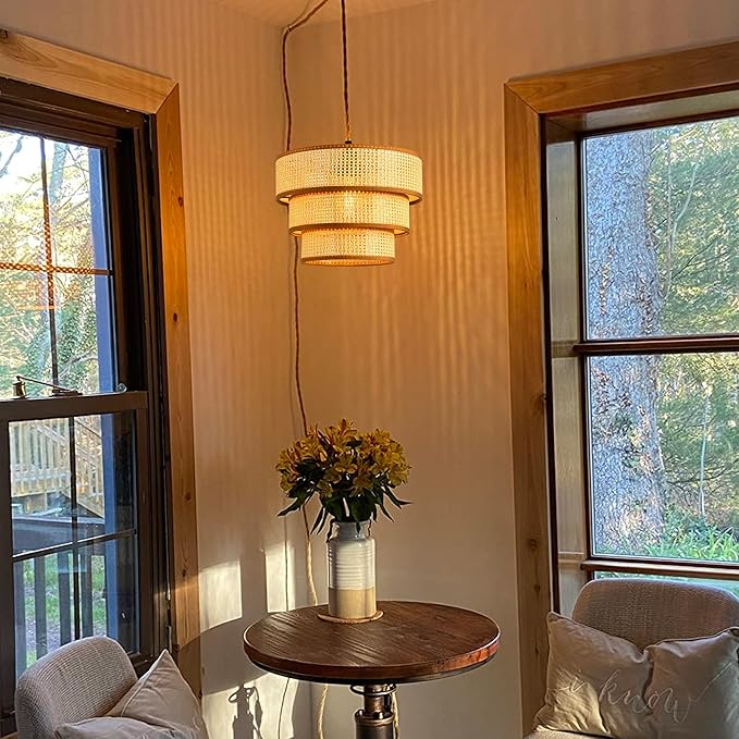 XININSUN Plug in Pendant Light Hanging Lights with15FT Plug in Cord Dimmable Rattan Hanging Lamp Wicker Woven Drum Lampshade,Rustic Boho Plug in Ceiling Light Fixture for Bedroom Living Room-1pack