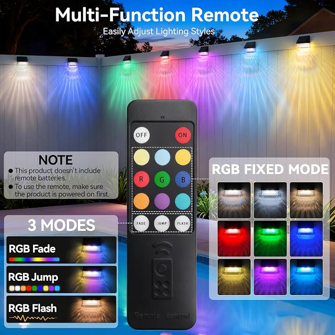 4 Pack Solar Deck Lights Outdoor, 12 Modes RGB Color with Remote Dimmable Solar Fence Lights Outdoor Led Powered Christmas Light Waterproof Color Changing for Step, Fence, Yard, Patio, Pool and Yard