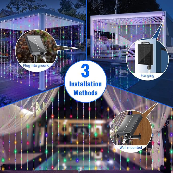 Solar Curtain Lights Outdoor 10x10Ft 300LED Multicolor Warm White Dual Color Changing Curtain Light with Dimmable Waterproof Remote Timer Memory for Christmas Weddings Party Gazebo