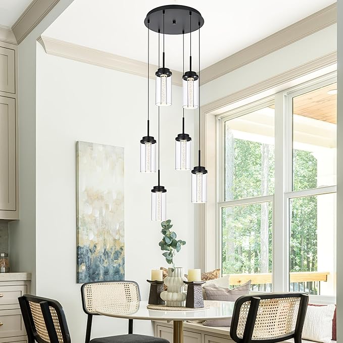 MELUCEE Modern LED Pendant Light Fixtures 6-Light Pendant Lights Kitchen Island with 3000K-6000K Adjustable Color Temperature Black Ceiling Hanging Lamp for Dining Room Bedroom Kitchen Island