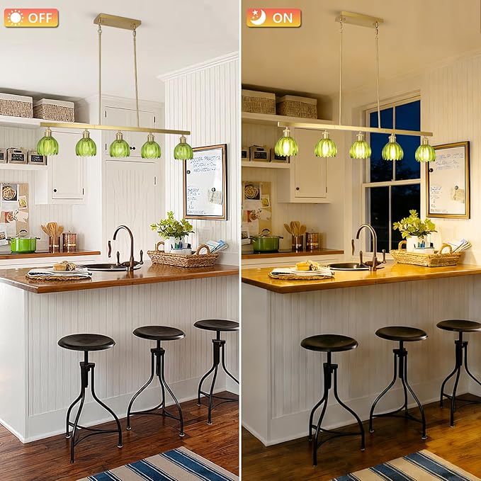 5-Lights Modern Chandeliers for Dining Room, Gold Pendant Light Fixtures with Green Flower Shade, Entryway Chandelier Pendant Lighting for kitchen island, Linear Hanging Dining Room Light Fixture