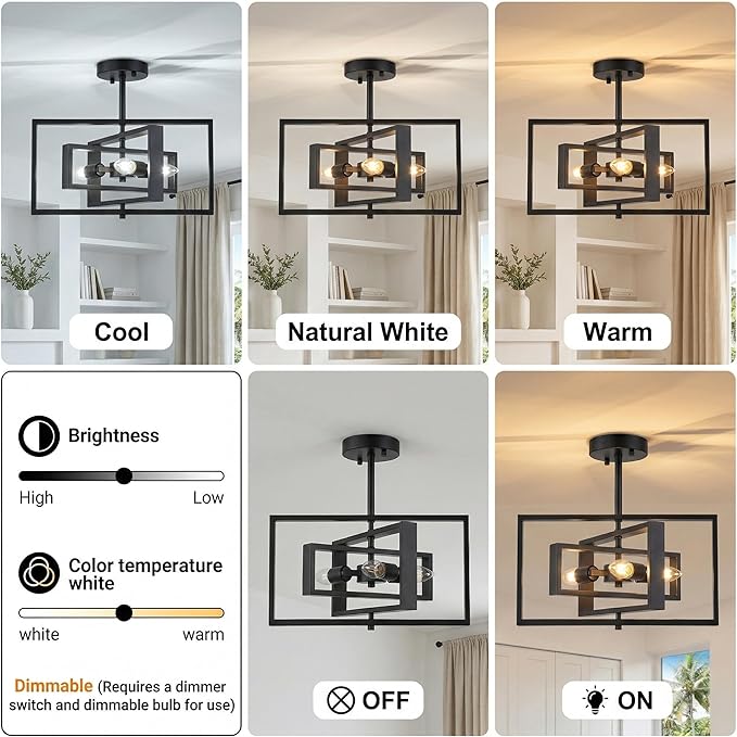 Modern Semi Flush Mount Ceiling Light, 3-Light Black Geometric Square Close to Ceiling Light Fixture, E12 Base Farmhouse Lighting for Hallway Foyer Bedroom