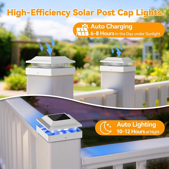 12 Pack Solar Post Cap Lights RGB Color Changing, IP65 Waterproof for 4x4 Wood/Vinyl Posts, Auto On/Off Fence Posts Solars Light for Deck Patio Garden Decoration, White