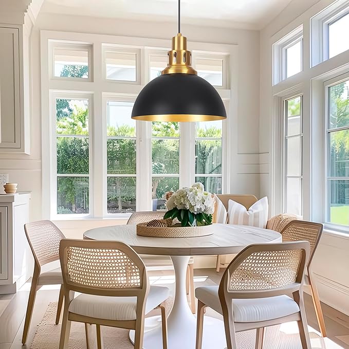 Black Farmhouse Dome Pendant Lights, Vintage Industrial Pendant Light Fixtures, Height Adjustable Pendant Lighting for Kitchen Island, Dining Room Foyer Entryway Bedroom 2-Pack