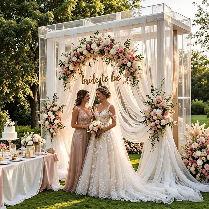 White Tulle Backdrop Curtains with Lights String for Wedding Parties 20×8ft Sheer Backdrop Curtain White Curtain Backdrop for Bridal Baby Shower Birthday Party Room Decoration 5ft×8ft, 4 Panels