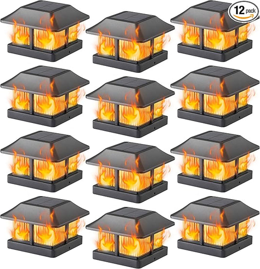 Dynaming 4x4 Solar Flame Post Cap Lights Outdoor, Solar Powered Fence Post Light, Flickering Flame LED Lantern Lamps Waterproof for Garden Deck Patio, Fit Wooden/Vinyl Posts, 12 Pack