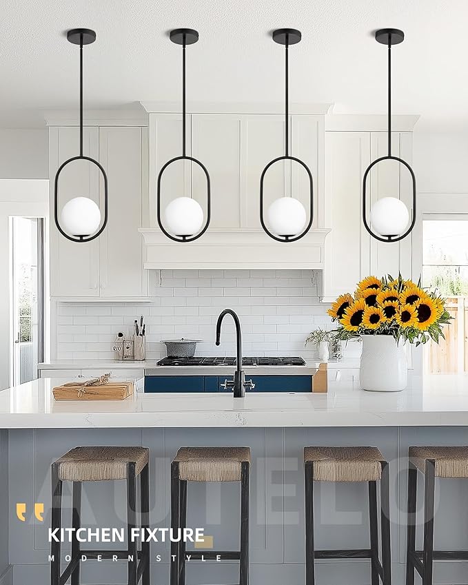 AUTELO 2 Pack Pendant Lights Kitchen Island, Matte Black Glass Pendant Lights with Milky White Globe Hanging Lamp, Adjustable Rods for Kitchen Bar Dining Room, H9376 MGBK-2PK