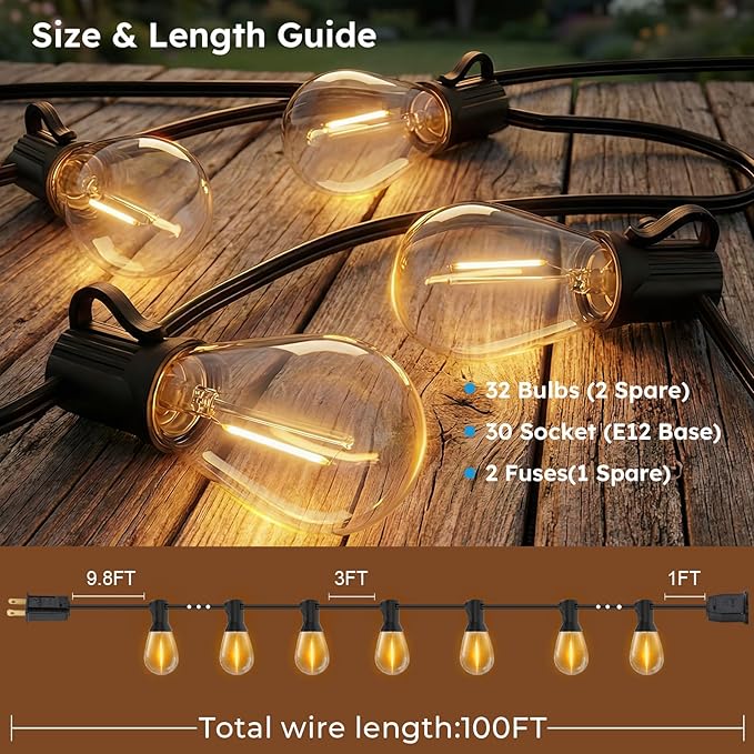 GvvooHome S11 LED Outdoor String Lights 100FT, Shatterproof & Waterproof Patio Lights with 32 Plastic Bulbs for Porch, Deck, Garden, Backyard, Balcony, 2700K Dimmable