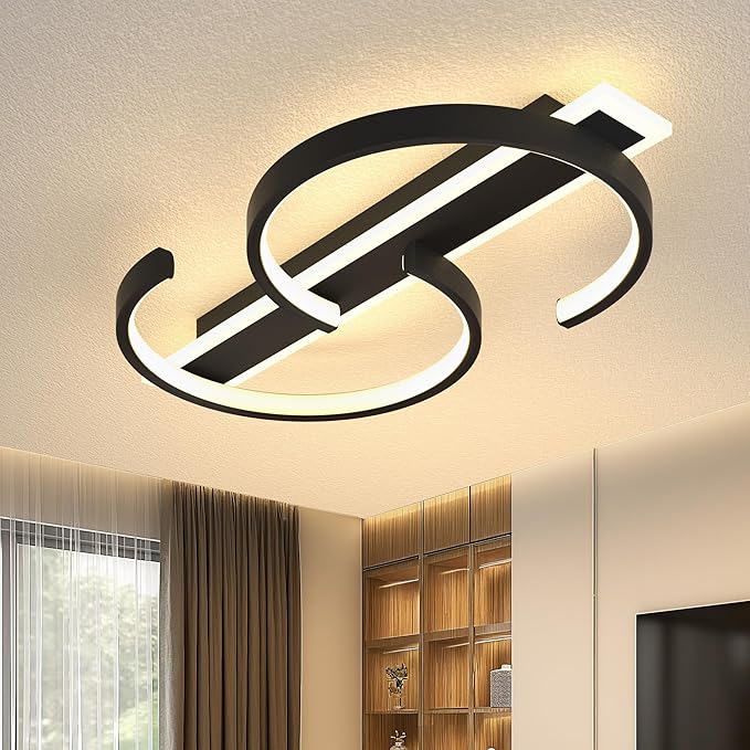LED Ceiling Light 2 Rings Black Modern Ceiling lamp 45W Flush Mount Ceiling Light with Remote 3000-6000K Living Room Light Fixture 19.68in for Bedroom Dining Room Office, YC-MGuo-BD-2301002