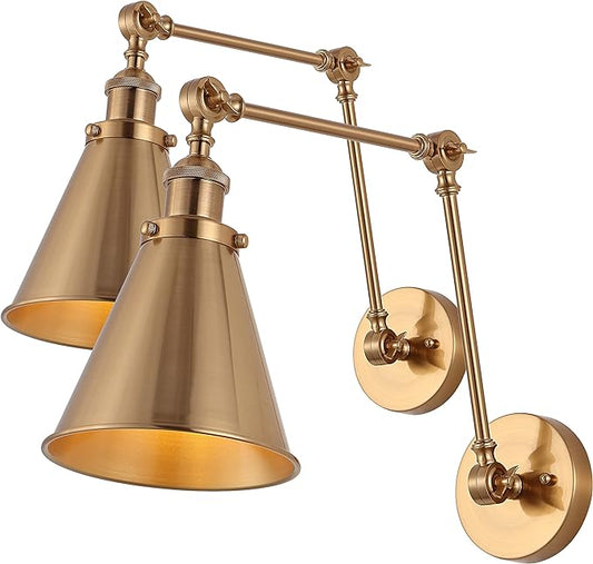 JONATHAN Y 7" Brass Gold Classic Industrial Metal Adjustable Arm LED Wall Sconce for Bedside Reading, Farmhouse Swing Arm Wall Lamp with Metal Shade, Hardwired (JYL7461A-SET2)