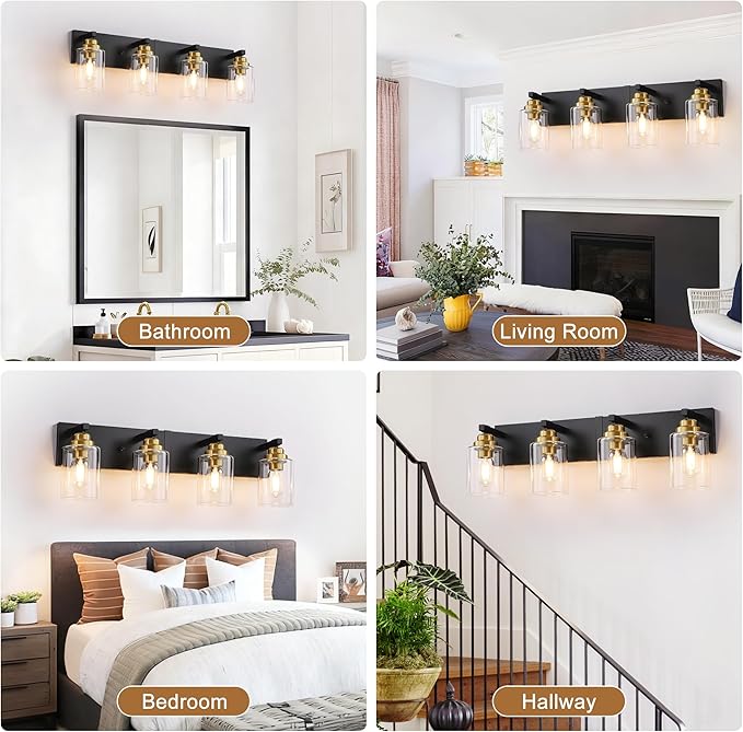 Black and Gold Bathroom Light Fixture, 4 Light Brushed Gold Vanity Light, 27.5" Modern Farmhouse Bathroom Lighting Fixtures Over Mirror, with Clear Glass Shade, Vanity Lights for Bedroom Hallway