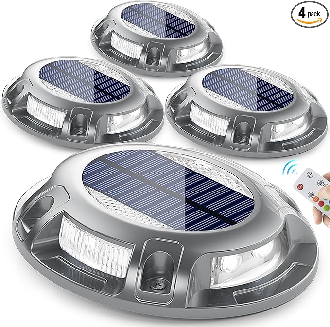 SIEDiNLAR Solar Driveway Light with Remote, 11 RGB Modes, Waterproof Outdoor Safety Light for Driveway Marker Deck Dock Walkway Pathway Step Yard Garden (4 Pack)