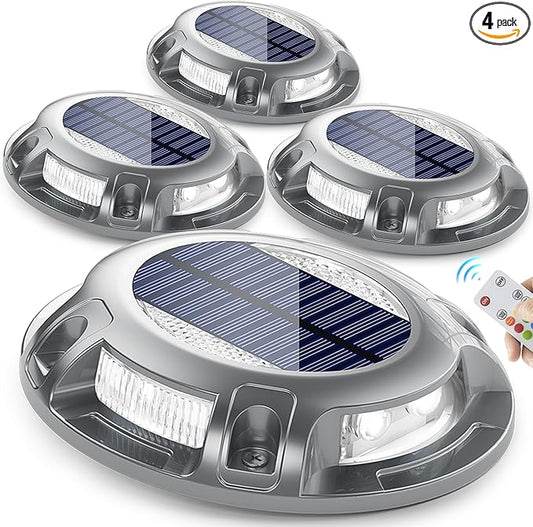SIEDiNLAR Solar Driveway Light with Remote, 11 RGB Modes, Waterproof Outdoor Safety Light for Driveway Marker Deck Dock Walkway Pathway Step Yard Garden (4 Pack)