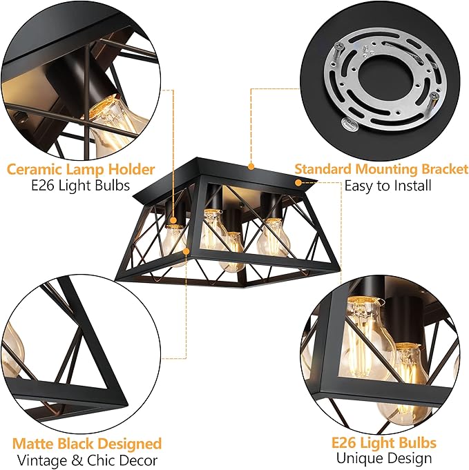 FadimiKoo 4-Light Black Flush Mount Ceiling Light for Kitchen Hallway, Industrial Close to Ceiling Lighting, Farmhouse Square Cage Lamp for Dining Room, Living Room, Bulb Not Included