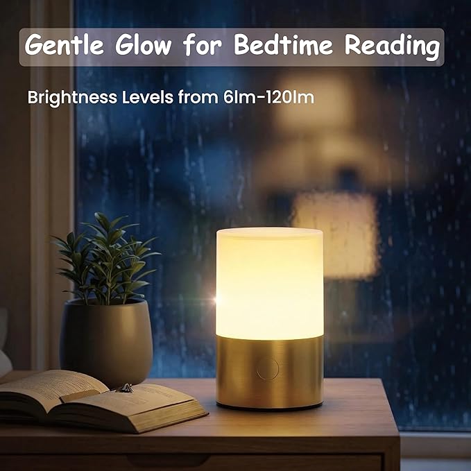 Small Table Lamp - Rechargeable, Portable, 10 Brightness Levels, Auto-Off Timer, Waterproof, Up to 20-Hours,Warm Light for Bedside, Reading, Dining,Travel, Camping & Décor-Brass
