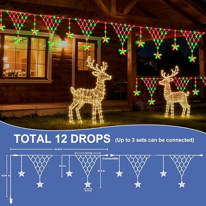 (New) Christmas Curtain Lights, RGB Remote Control Christmas Lights, 218 LED 13.8FT Outdoor String Lights with 12 Star Drops 8 Modes Waterproof for New Year, Eaves, Fence, Balcony, Railing Decor