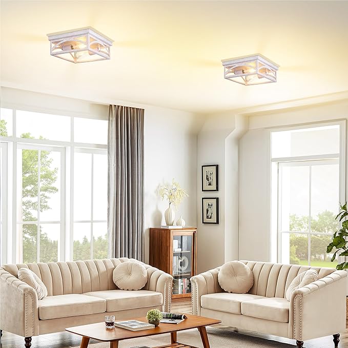 Rustic Flush Mount Ceiling Light Fixture, Farmhouse Close to Ceiling Light Fixture for Hallway Porch Bedroom, Kitchen Lights Ceiling, 1 Pack, White, Hand-Finished Wood-Look