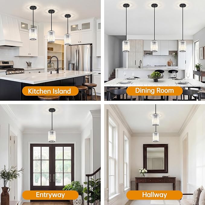 Black Pendant Light, Modern Crystal Pendant Lights Kitchen Island, Kitchen Island Lighting with Adjustable Height, UL Certified Island Lights for Kitchen Dining Room Bedroom Hallway 1 Pack