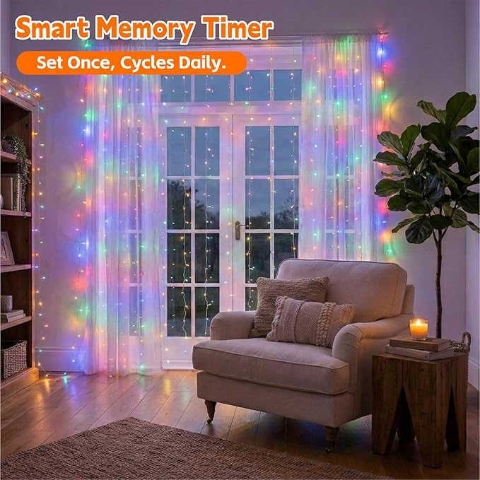 Curtain Light for Bedroom, 200LED 6.6x6.6ft Multicolor Window Wall Hanging Fairy Curtain String Light, 8 Modes Remote Fairy String Lights Indoor for Wedding Party Home Garden Decorations