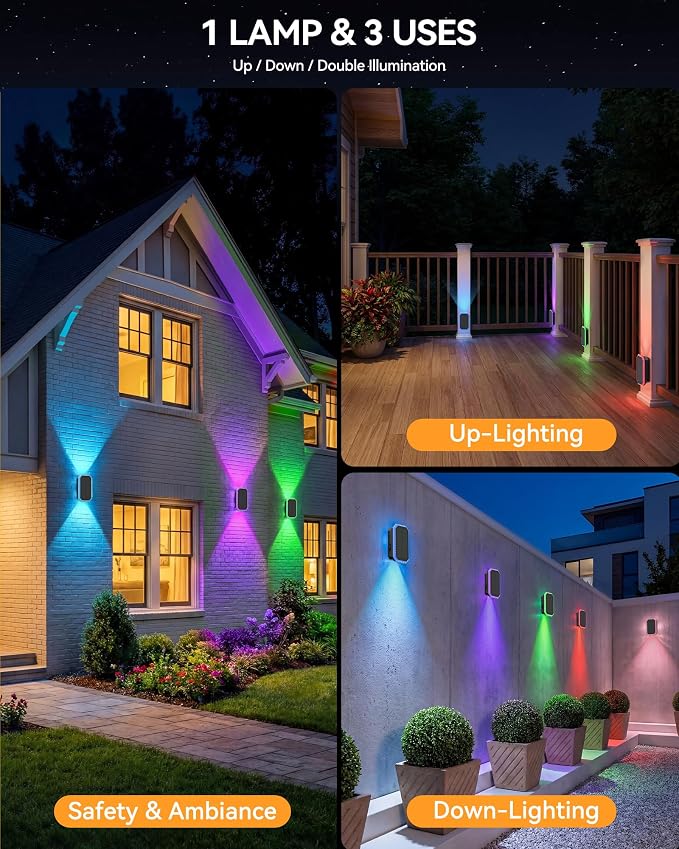 TECKNET Solar Fence Lights Outdoor, 6 Pack Solar Powered Wall Lights, Bi-Directional Up and Down Lighting, IP67 Waterproof RGBW with 8 Colors & Dynamic Cycling for Patio, Porch, Pool Cage