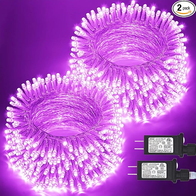 JMEXSUSS 2 Pack 100 LED Purple Christmas Lights Indoor, 33ft Clear Wire Purple String Lights Outdoor Waterproof, 8 Modes Connectable Christmas Tree Lights for Xmas Tree Yard Bedroom Porch Decorations