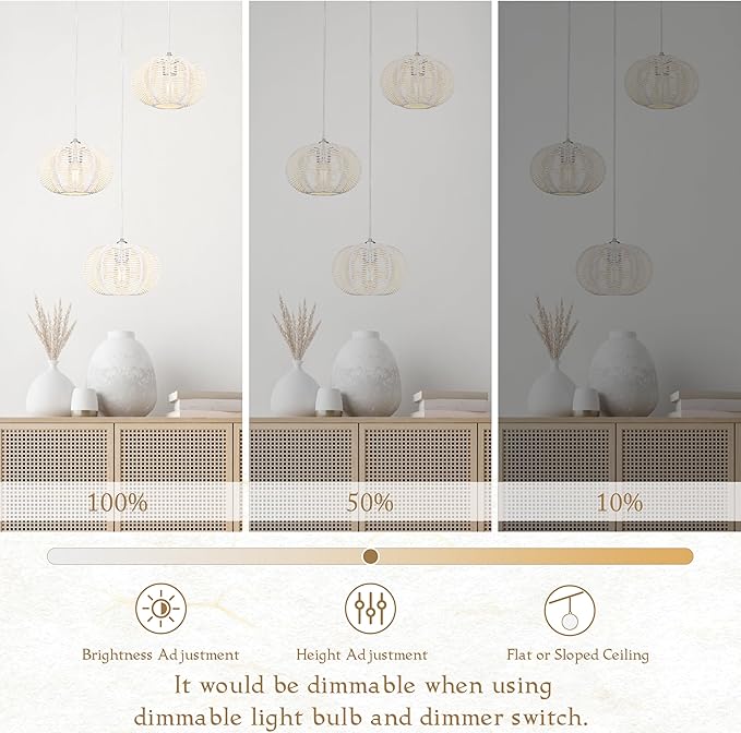 12" Boho White 3-Light Boho Chandeliers for Kitchen Island Hand-Woven Boho Rattan Chandeliers Dimmable Adjustable Hanging Wicker Chandelier for Dining Room Living Room （Bulb Incl.）