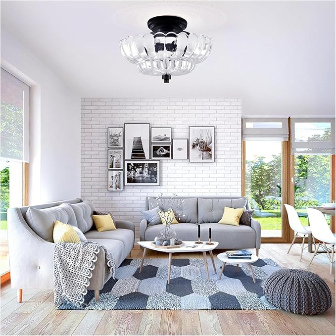 Ceiling Lights Semi Flush Mount Ceiling Light, Modern Black Ceiling Light with White Glass,Ceiling Lights Fixture Suitable for Bedroom Dining Room Kitchen Living Room(Excluding Free Bulbs)