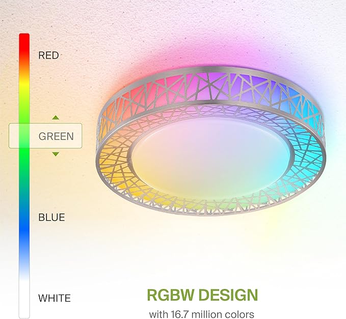 ASD 16 Inch Smart RGBW Flush Mount Ceiling Light with Remote - Brushed Nickel 28W 120V 2700-6500K Dimmable Ceiling Light Fixture, WiFi App Control RGB Lights, Alexa & Google Assistant - ETL