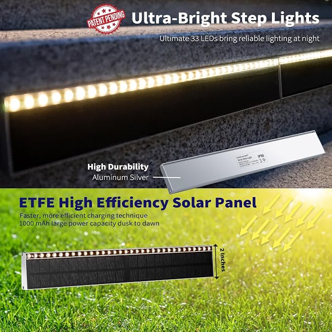 SHONELIGHTING Solar Step Lights for Outside, 33 Focused-Beam High-Brightness LEDs, Waterproof Aluminum Outdoor Stair Light for Risers, Curbsides, Poolsides, Planter Edges (Warm White, 1Pack)