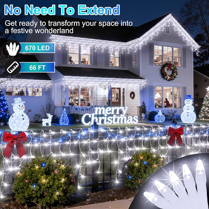 670 LED 66FT Christmas Lights with 148 Drops, 12 Modes Dimmable Cool White Outdoor Hanging Lights with Timer Memory, Waterproof Curtain Lights for Home Bedroom Indoor Tree Window Roof Fence Wedding