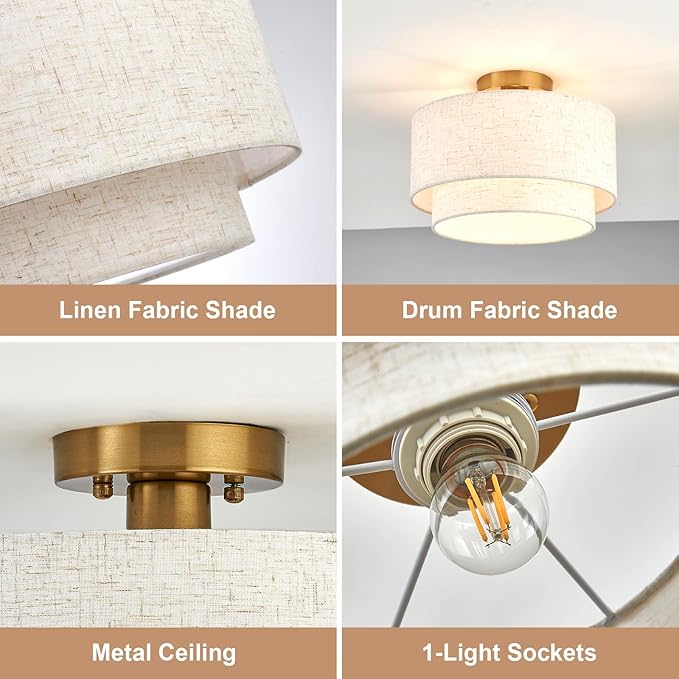 Flush Mount Ceiling Lights 12 Inch Fabric Light Fixtures 1-Light Modern Round Ceiling Light for Dining Room Kitchen Bedroom Foyer Hallway Entryway