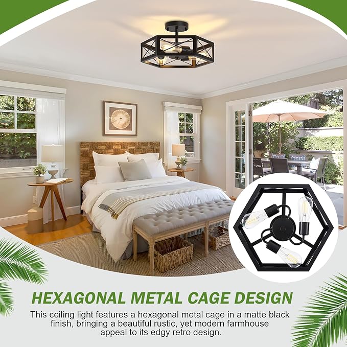 3-Light Kitchen Lighting Fixtures Ceiling Mount, Black Semi Flush Mount Ceiling Light for Dining Room Light Fixture, Farmhouse Close to Ceiling Lights with Hexagon Cage for Bedroom Hallway