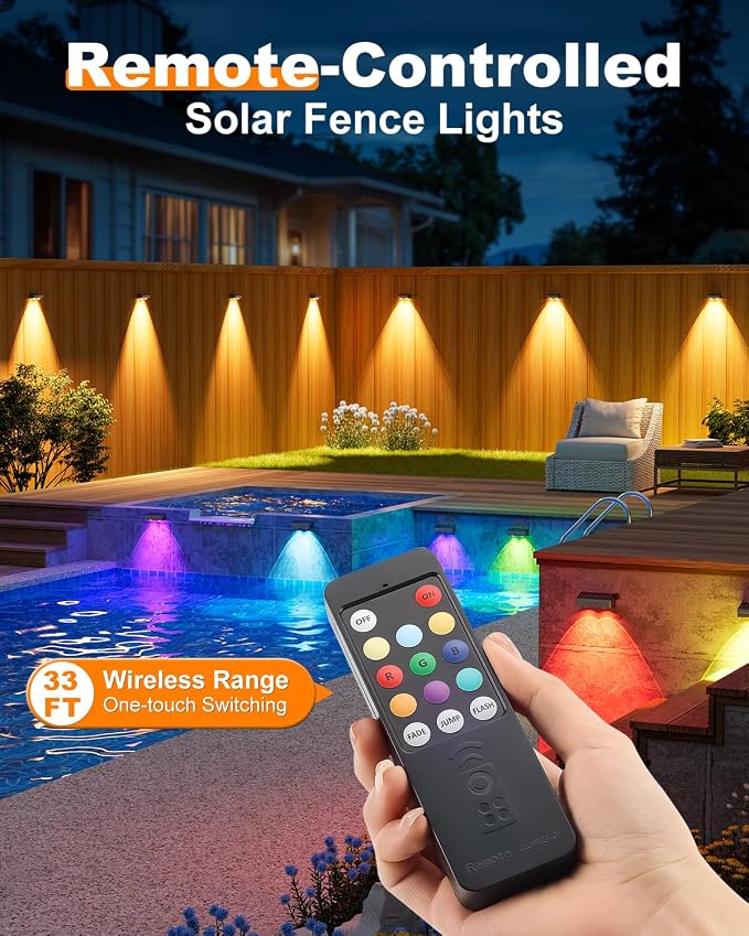 VOLISUN Solar Fence Lights with Remote Control, 50 Lumen LED Fence Lights Solar Powered, IP65 Waterproof, 10 RGB Color Long-Lasting Solar Lights for Backyard Garden Deck Patio Railing (12 Pack)