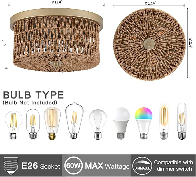 Rattan Ceiling Light, 3 Light Boho Light Fixture, Round Woven Flush Mount Ceiling Light for Entryway, Hallway, Bedroom, Kitchen