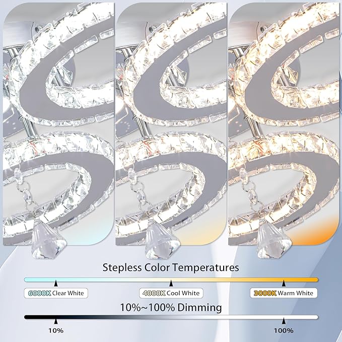 Dimmable LED Crystal Ceiling Light 13x3.5 Inches 3 Rings Crystal Chandelier Flush Mount Lighting Fixture for Bedroom Hobby Living Room