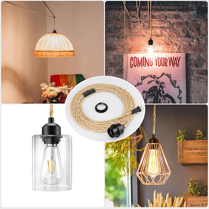 LYOOWNG 2Pack Plug in Pendant Light Cord, Farmhouse Hanging Lights with Plug in Cord, 15FT Hemp Rope Plugin Hanging Light Cord Kit with On/Off Switch, E26 E27 LightSocketCord