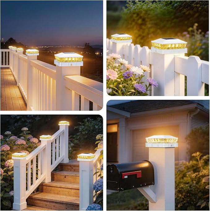 Solar Post Cap Lights 12 Pack, IP65 Waterproof Outdoor Fence Post Solar Lights for 3.5x3.5 4x4 5x5 Wood/Vinyl Posts, 10-12H Upgraded Warm/Cool White Glow for Garden/Patio/Porch - White