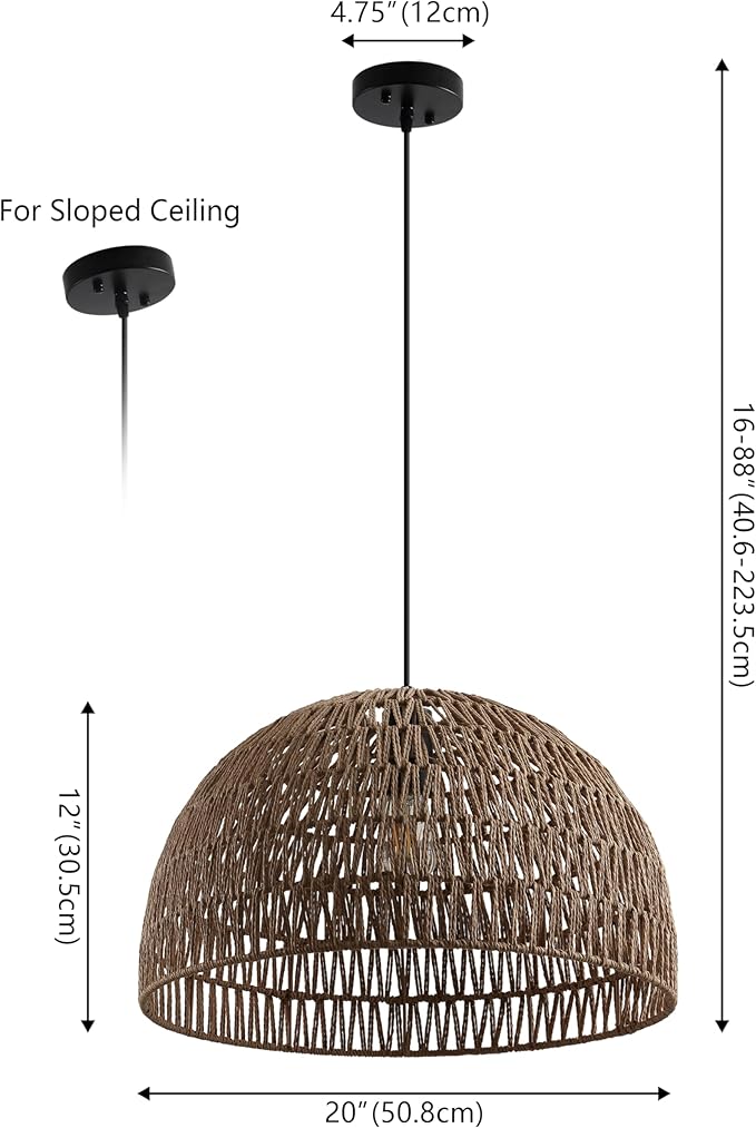 JONATHAN Y 20" Brown Modern Bohemian Woven Rope LED Pendant Light Fixture, Adjustable Dome Ceiling Lamp for Kitchen Island, Rope Shade, Coastal Farmhouse Decor (JYL6504F)