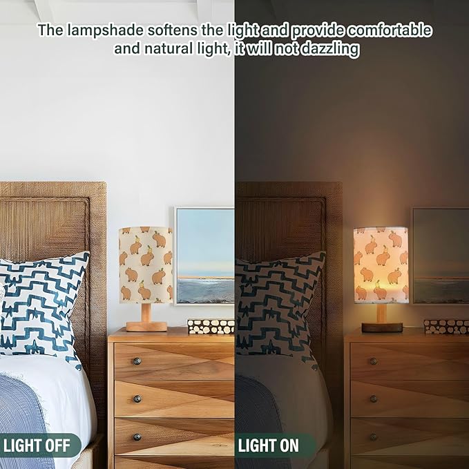 Aslsiy Cute Capybara Yellow Bedside Table Lamp Animal Nightstand Lamp Night Light Fabric Shade for Bedroom Living Room Home Office