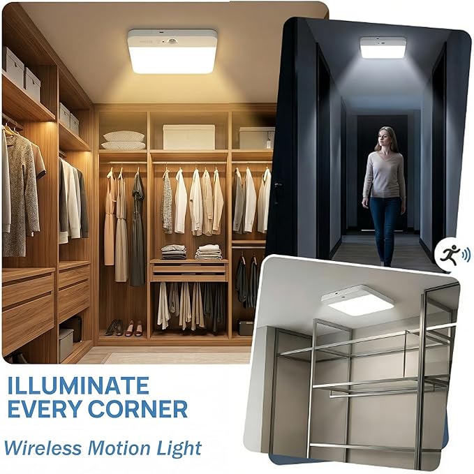 NARUNDREN 2 Pack Rechargeable Motion Sensor LED Ceiling Light with Remote, Wireless Battery Operated Closet Light, 400LM Dimmable 3 Color Temperatures, Ideal for Stair Hallway Garage Pantry