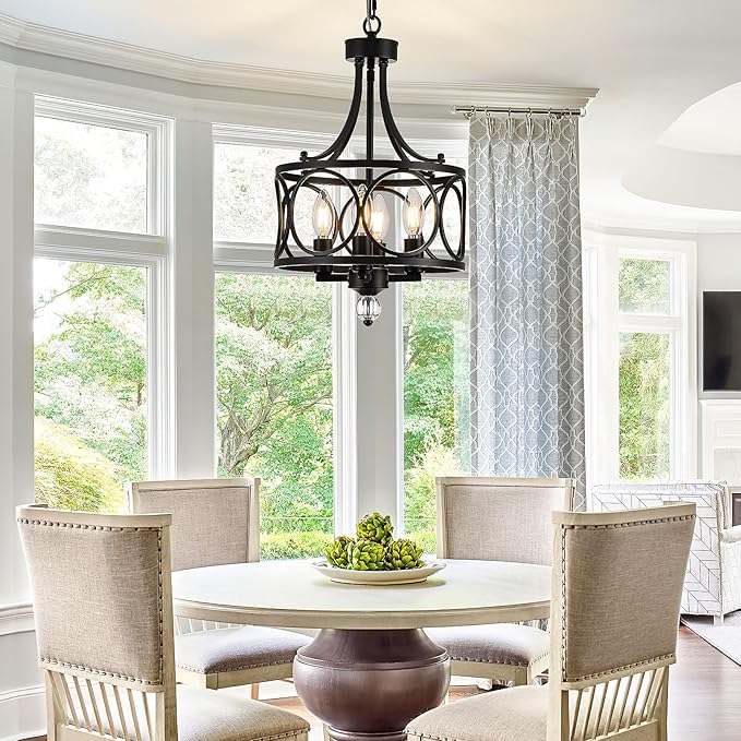 4-Light Chandelier,Round 11.2in,E12 Base - Black Metal Farmhouse Lantern Pendant Light Fixture,Adjustable Hanging Ceiling Lighting,for Kitchen Island,Bedroom,Entryway,Dining Room