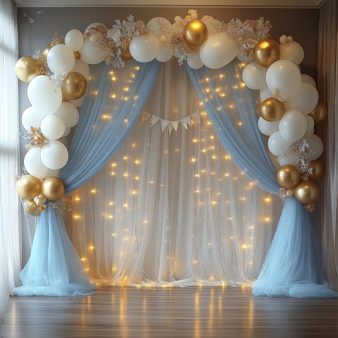 Baby Blue Tulle Backdrop Curtain with Lights String 10x8ft Sheer Drapes for Baby Shower Decorations for Boy, Bridal Shower, Photo Booth, Birthday Party Decor(2 Panels)