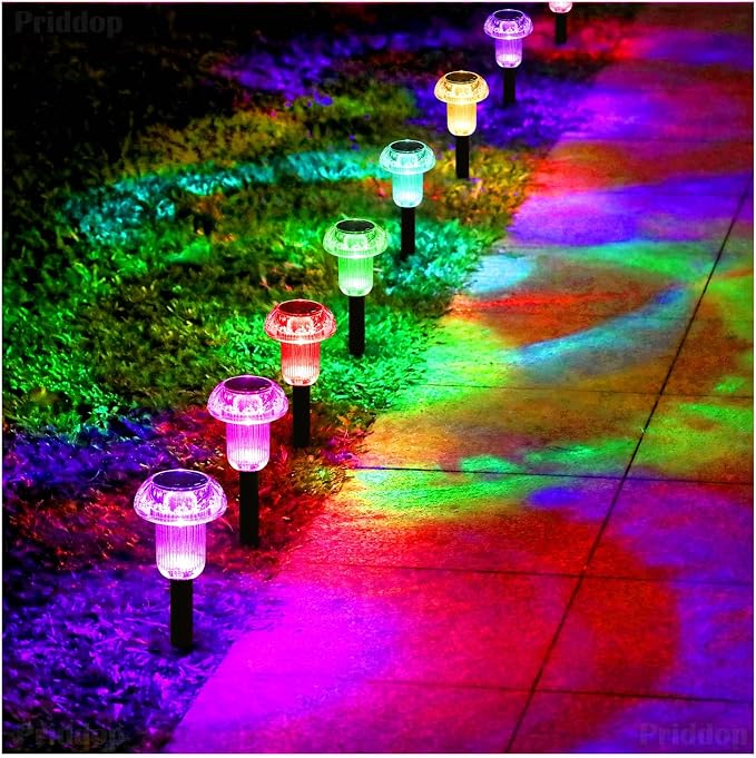 Priddop Solar Lights Outdoor Waterproof 16 Pack Color Changing LED Mushroom | Garden Pathway Yard Patio Walkway Landscape Path Lights, Acrylic ABS, Ground Patterns, Replaceable Battery, Christmas Decor